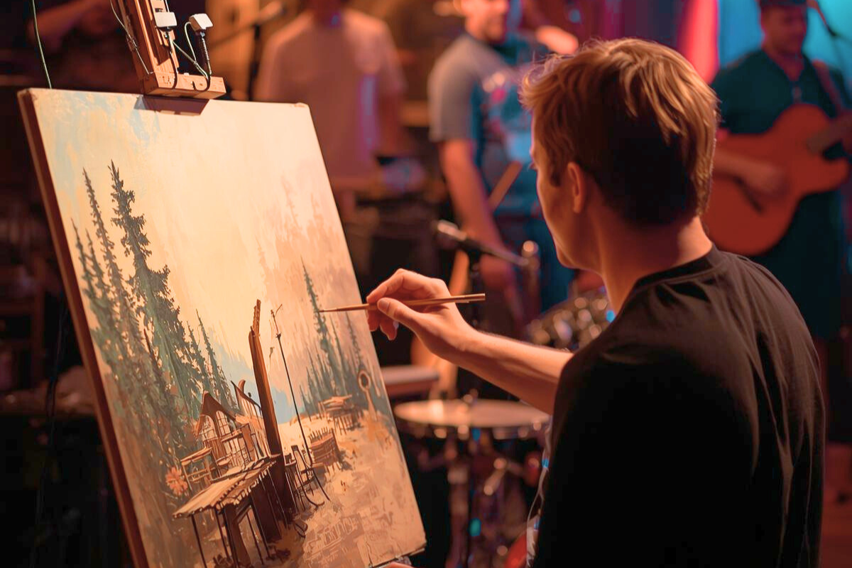 Chico pintando un cuadro en un evento
