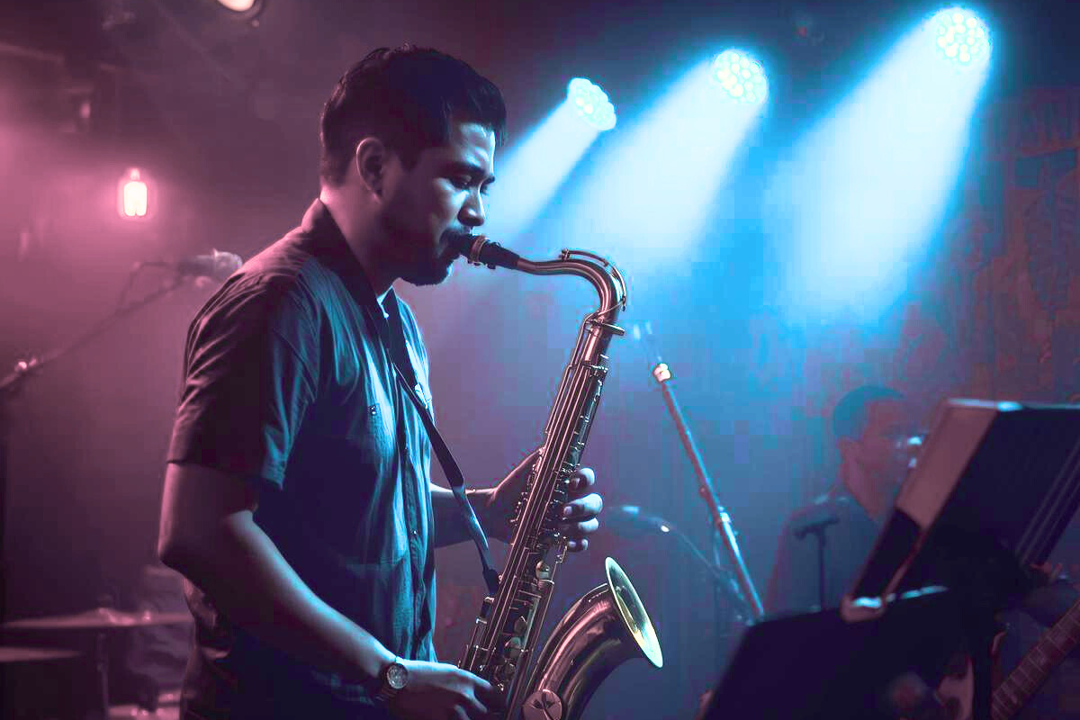 chico tocando un saxofón en un concierto íntimo