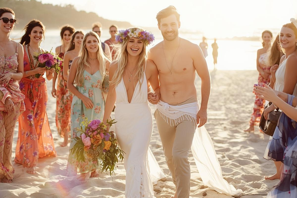dos novios casándose en la playa en una ceremonia hippy