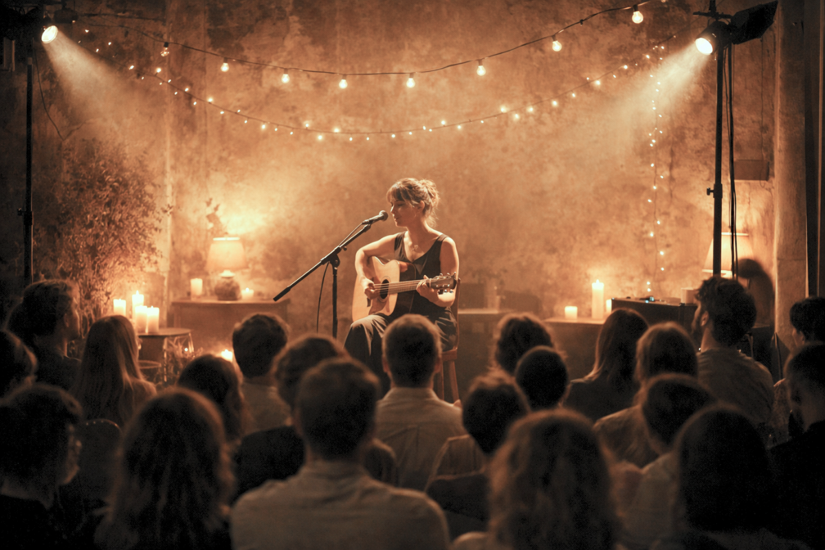 Chica tocando la guitarra en un concierto íntimo