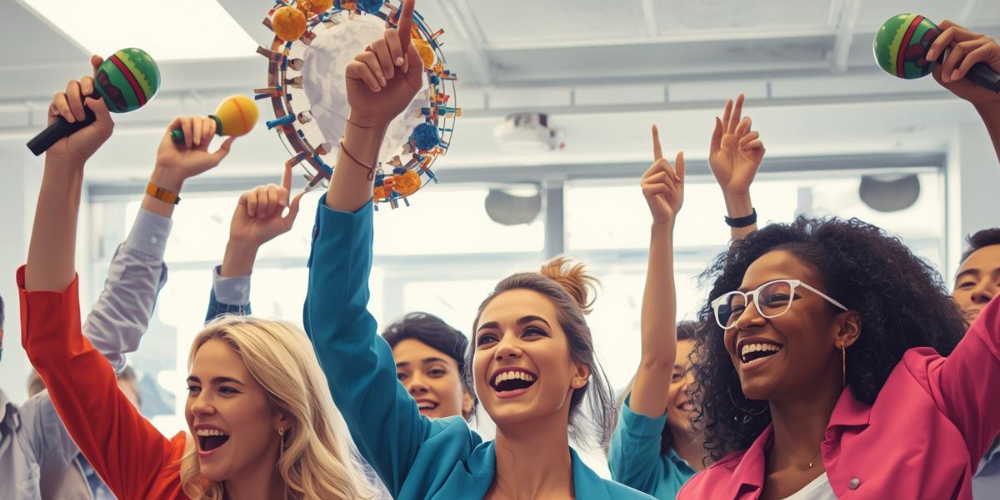 Mujeres con maracas y panderetas en la oficina
